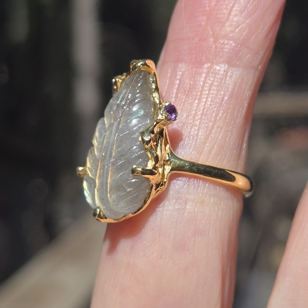 Labradorite Leaf 24k Amethyst Sterling & Gold Ring Sz7 - Picture 7 of 10